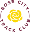 Rose City Track club, spelled in a circle wrapped around a Rose