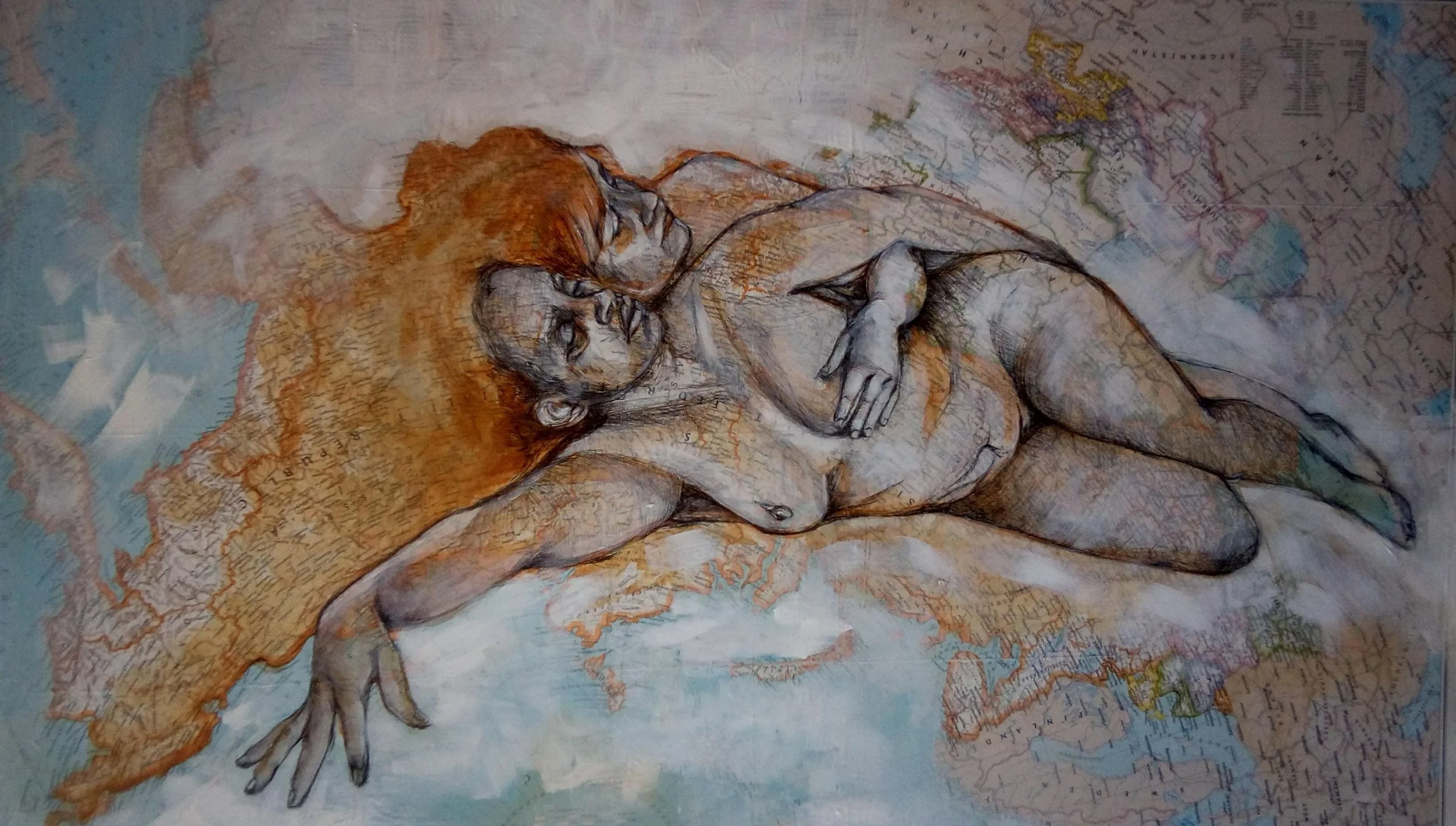 "One Mother" (2017)
Map, acrylic, ink 
24"x 36"
