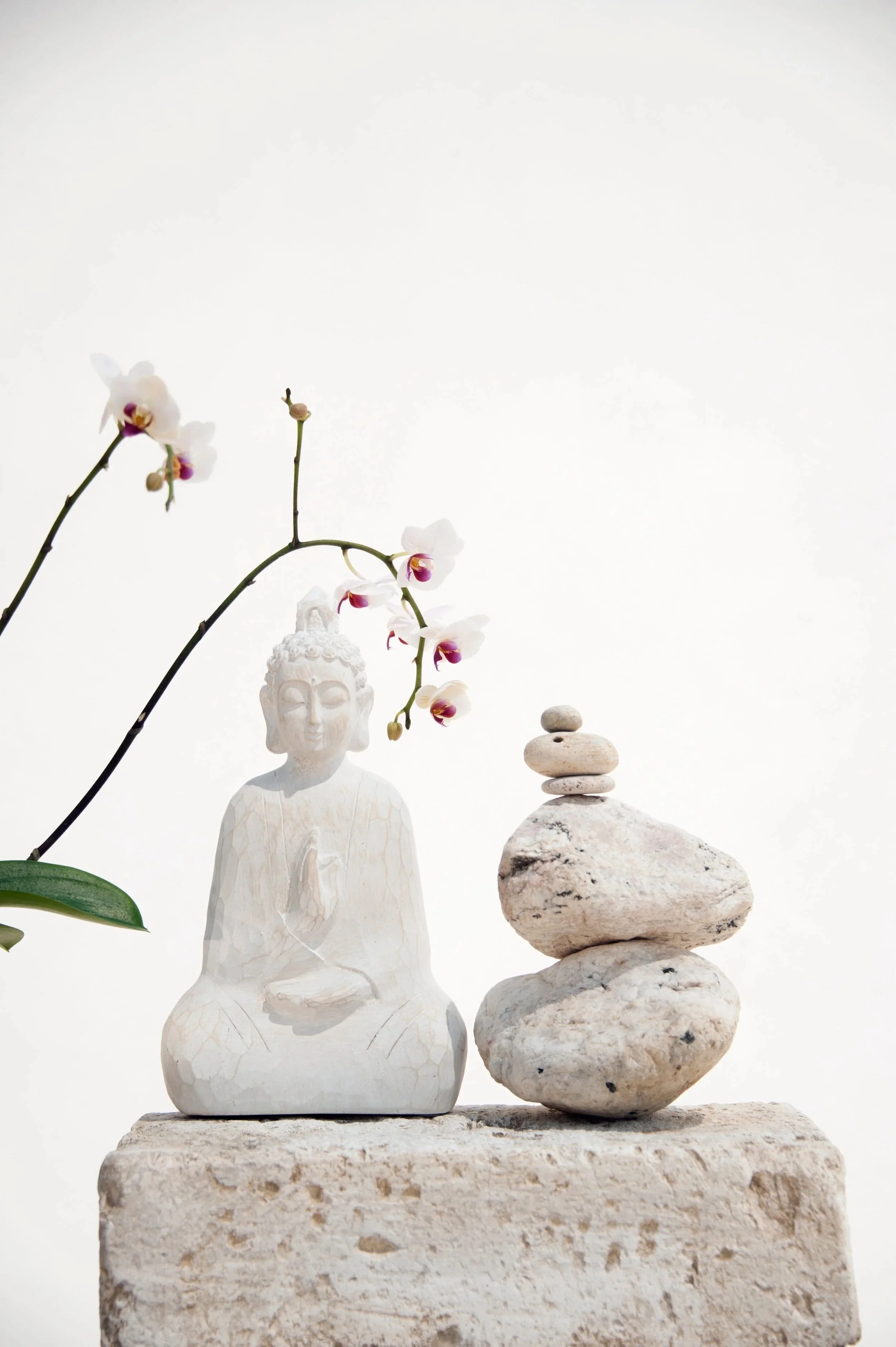 A small Buddha statue made of light-colored stone, an orchid with pink and white flowers, and a stack of smooth stones on a stone surface against a plain white background.