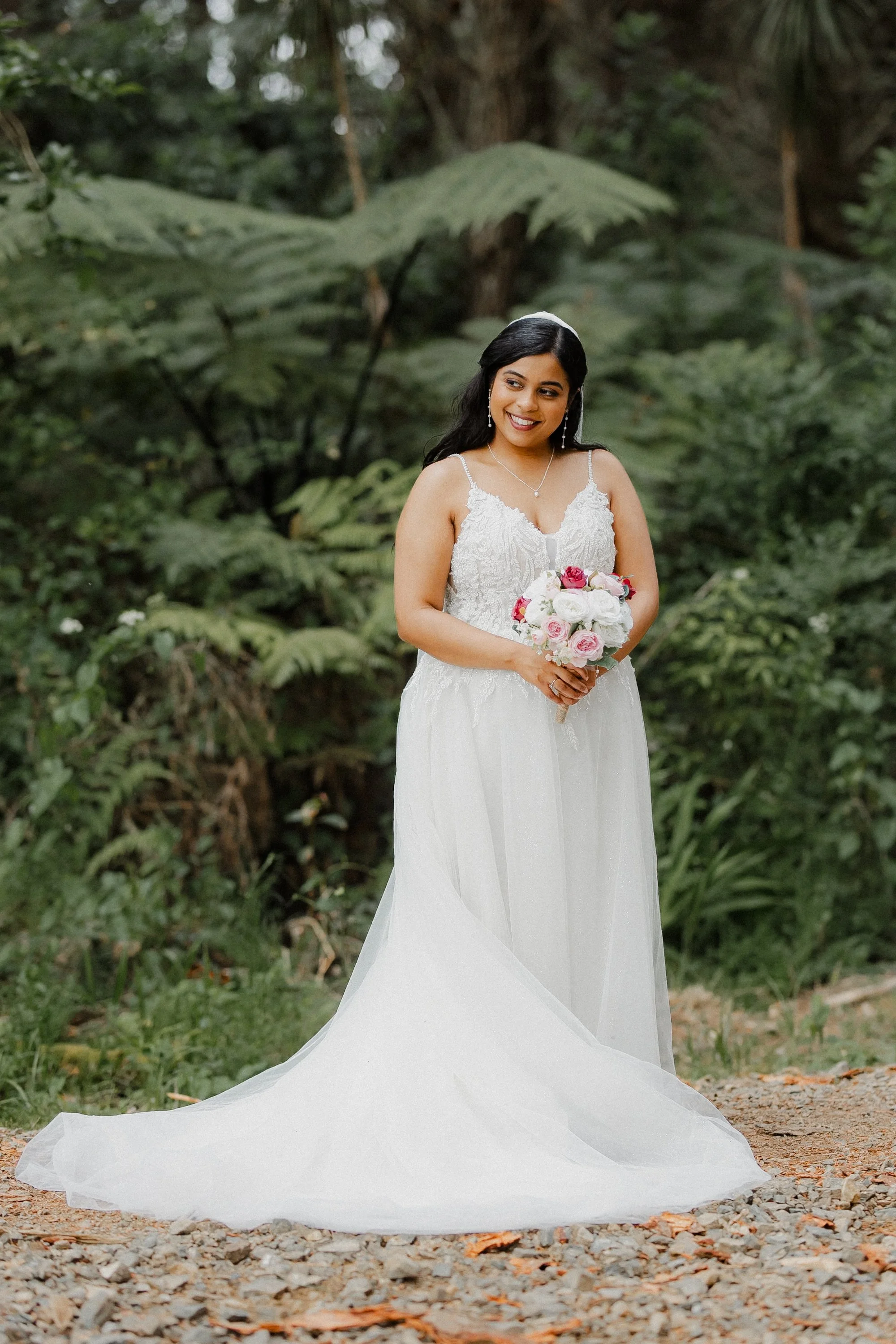 Indian Catholic bride in a white wedding gown ready fro her church wedding ceremony in Auckland NZ