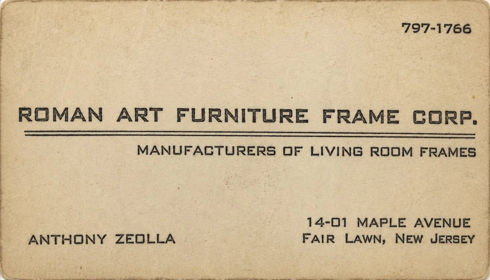 Original Roman Art Furniture Frame Corp. business card for Anthony Zeolla, manufacturers of living-room frames in Fair Lawn, New Jersey.