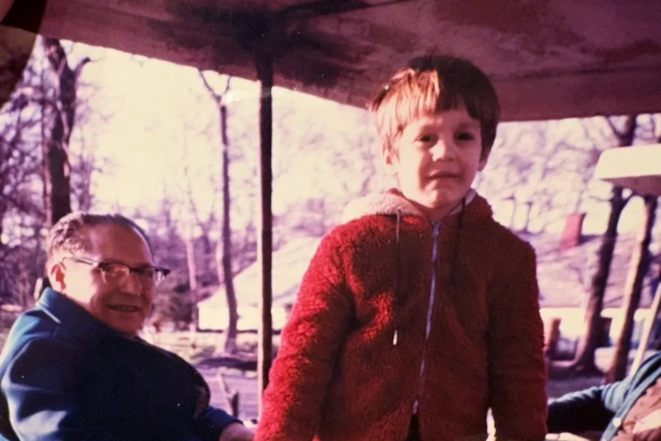 Young Joey Zeolla with his grandfather Antonio “Tony” Zeolla, whose furniture craftsmanship began the family tradition.