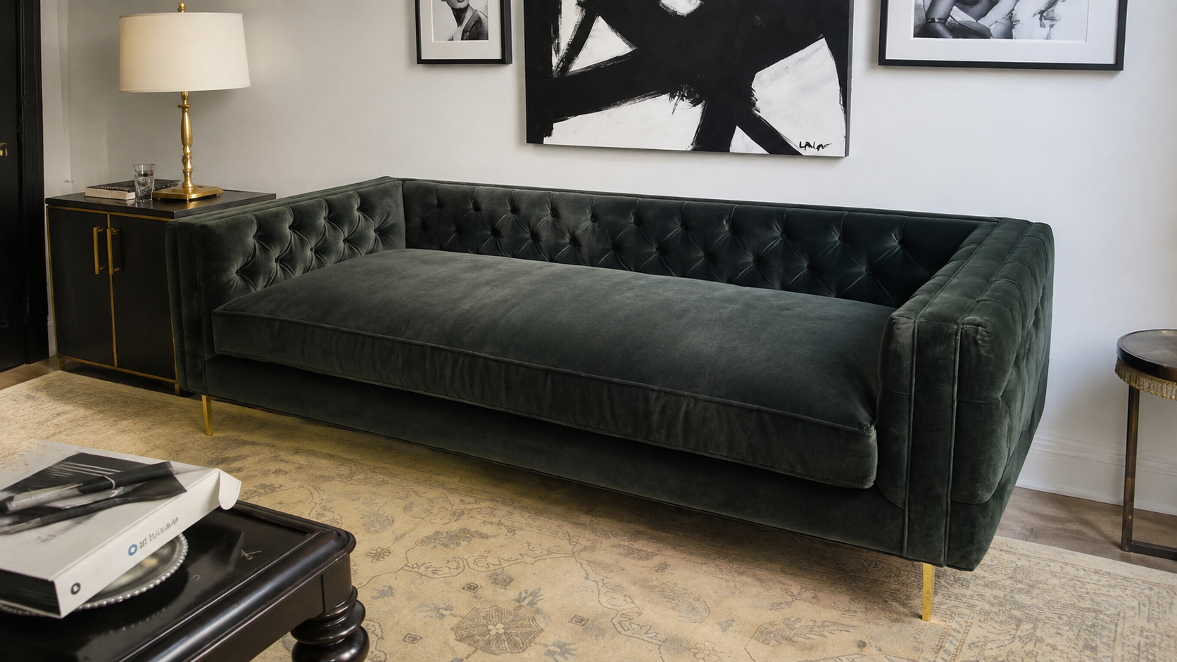 velvet sofaDark green velvet tufted sofa professionally reassembled in a modern living room