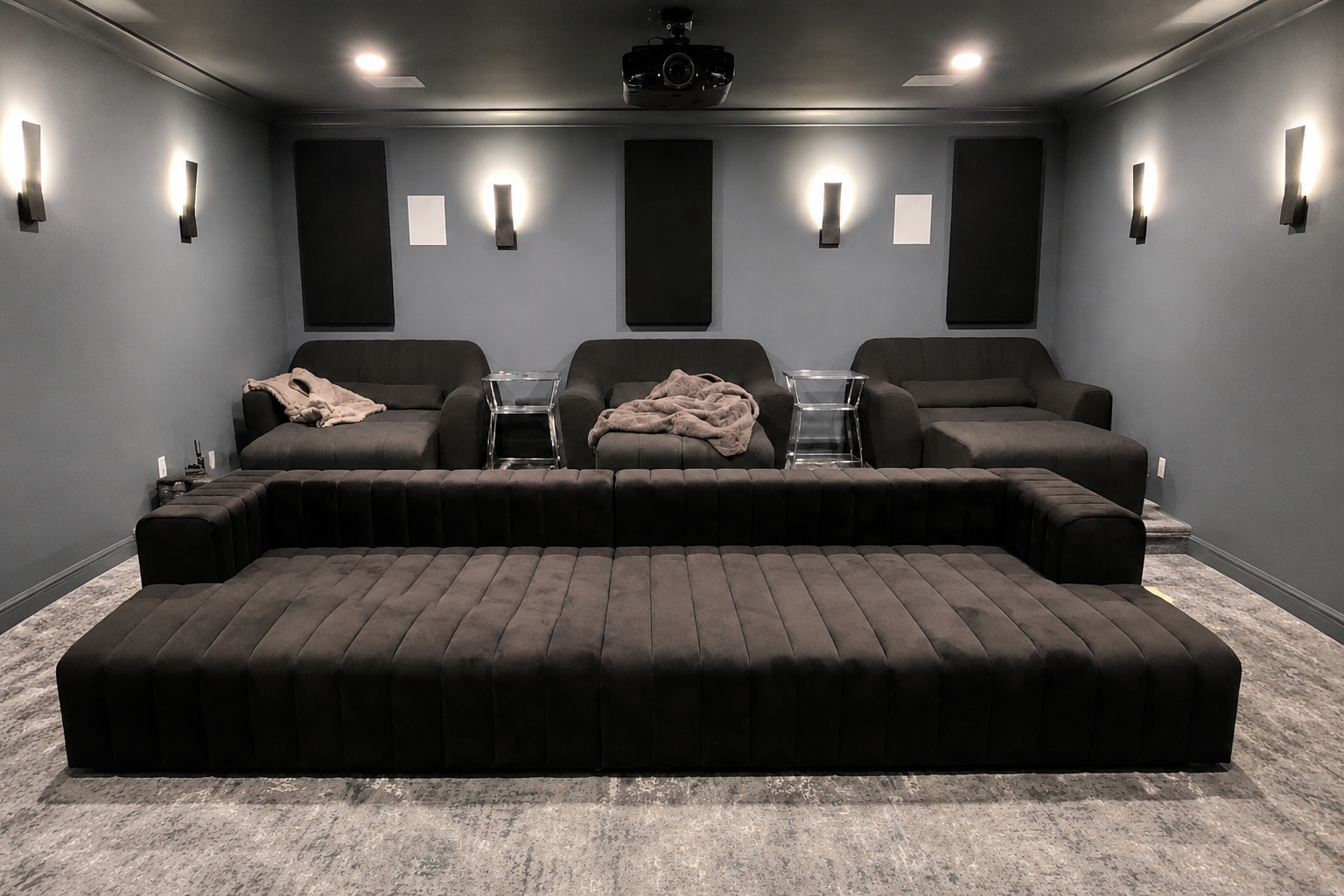Oversized sectional and theater seating professionally reassembled in a home theater