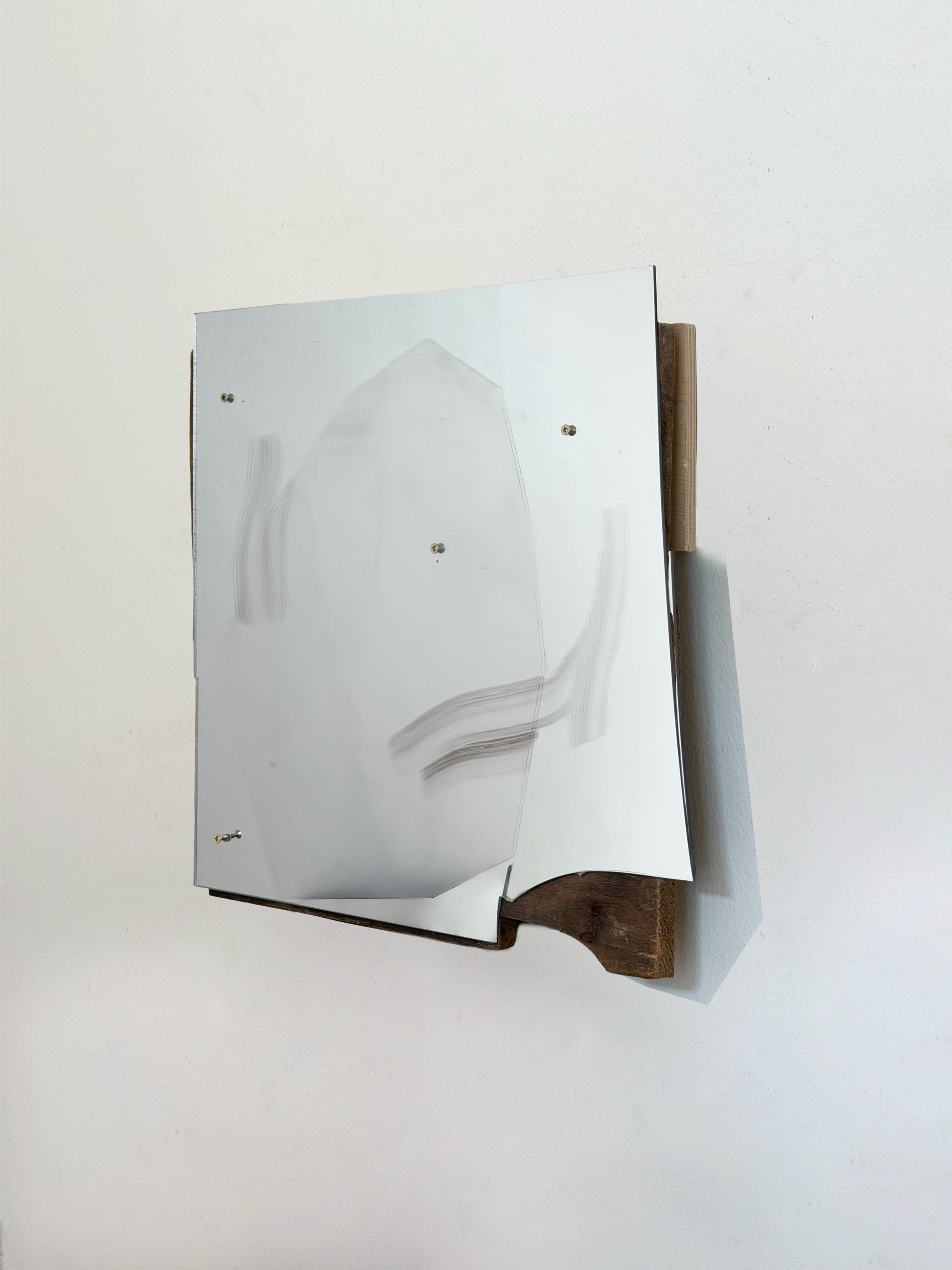   ⟵ swipe  
 Painting II, Series VI, 2026  
Acrylic on upcycled plexiglas, reclaimed wood, hardware 37 x 33 x 6 cm