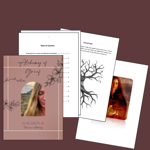 Alchemy of Grief course mockup showing the manual, soul work material and guided audio journey.