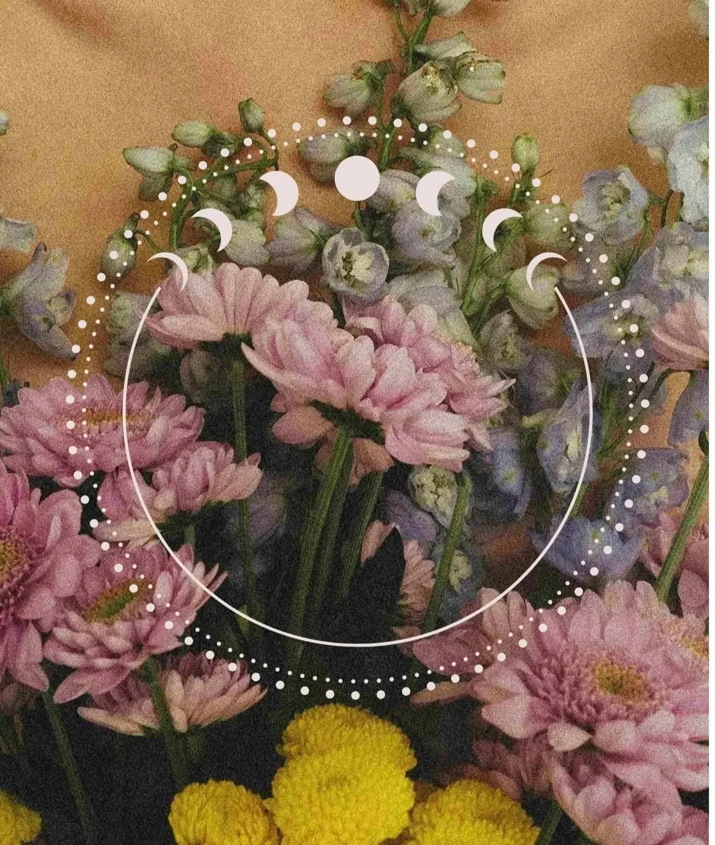 Pictures of flowers and the moon phases decorating a woman