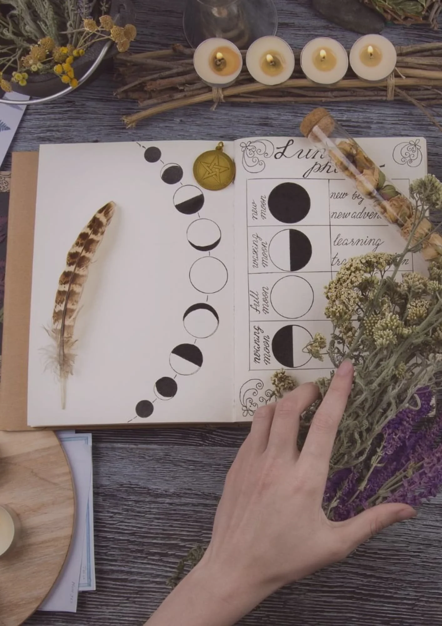 Moon journal open with notes and drawings, illustrating lunar rituals, moon manifestation, intention setting for the New Moon, and release practices during the Full Moon.