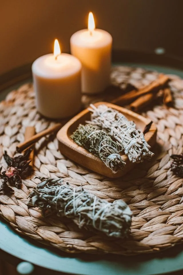 Candles burning beside sage, set up for a ritual space
