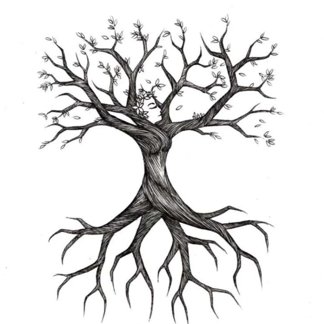 Drawing of a tree with branches, trunk and roots, for the Tree of Grief exercise