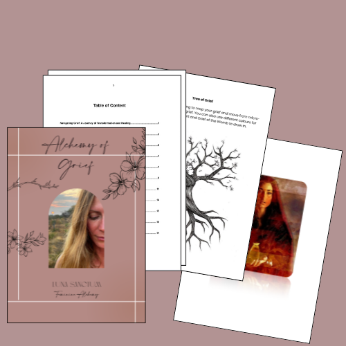 Mockup of the Alchemy of Grief online course showing the manual and worksheets