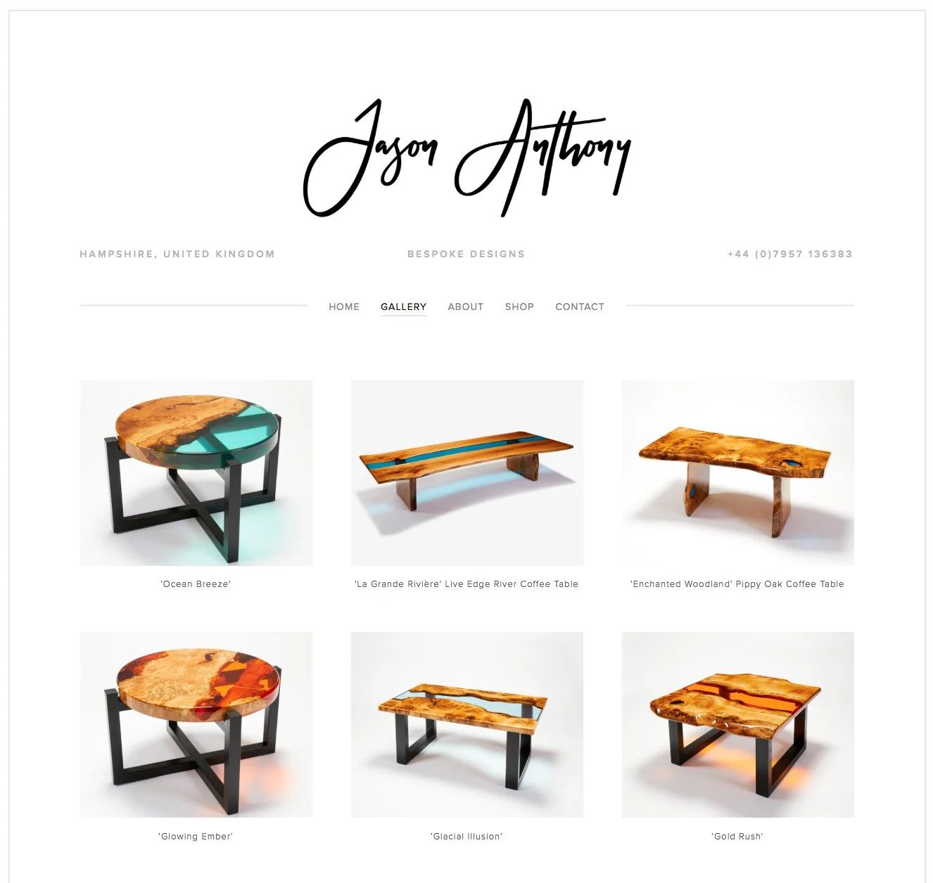 Website page with pictures of handmade coffee tables