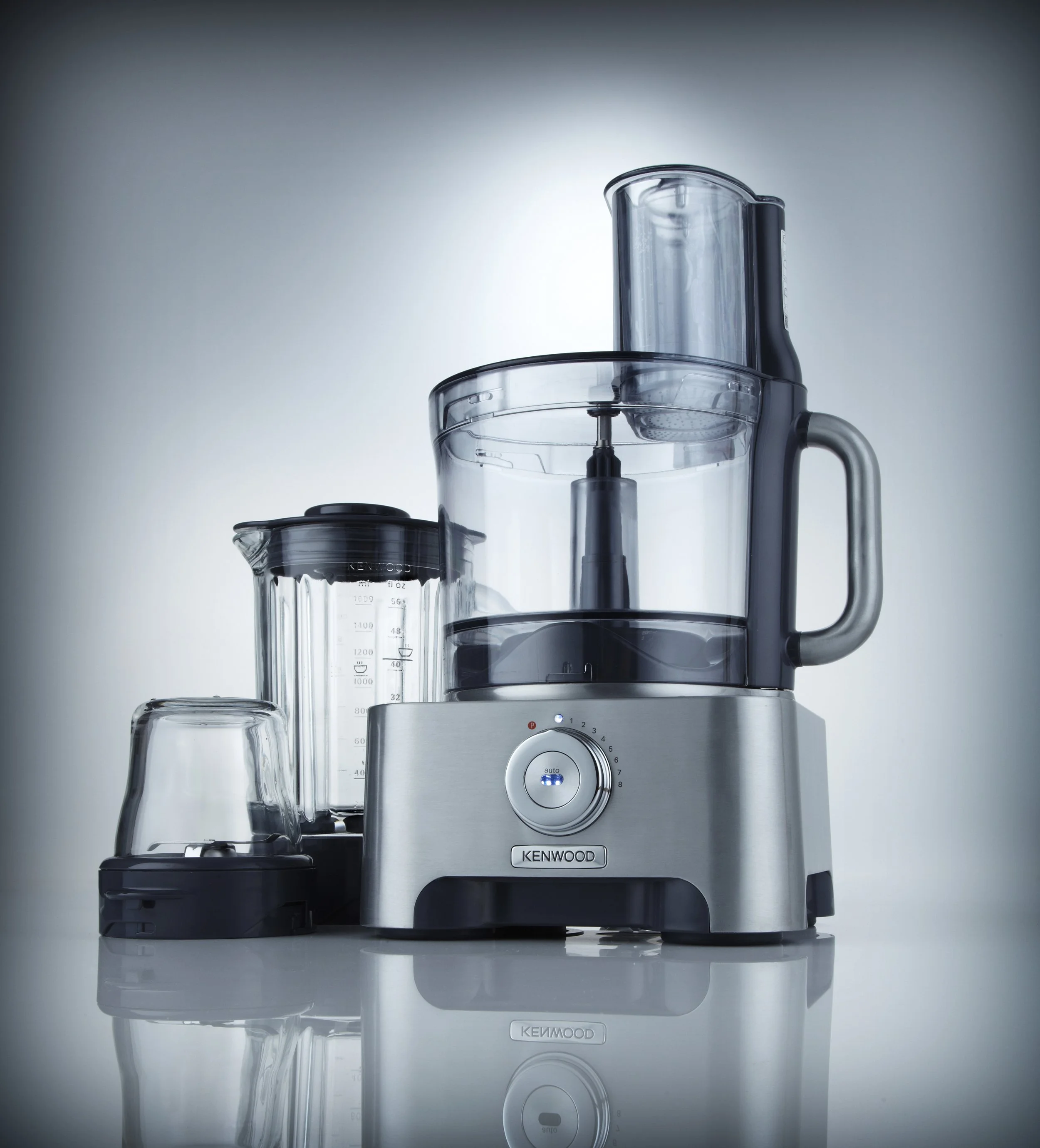Advertising photography of Kenwood food mixer with a reflection on a grey background