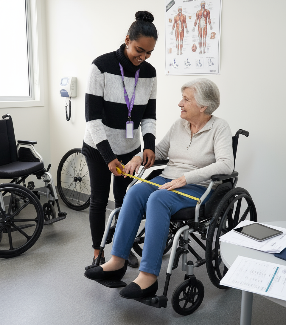 OT using a tape measure to measure client for wheel chair prescription