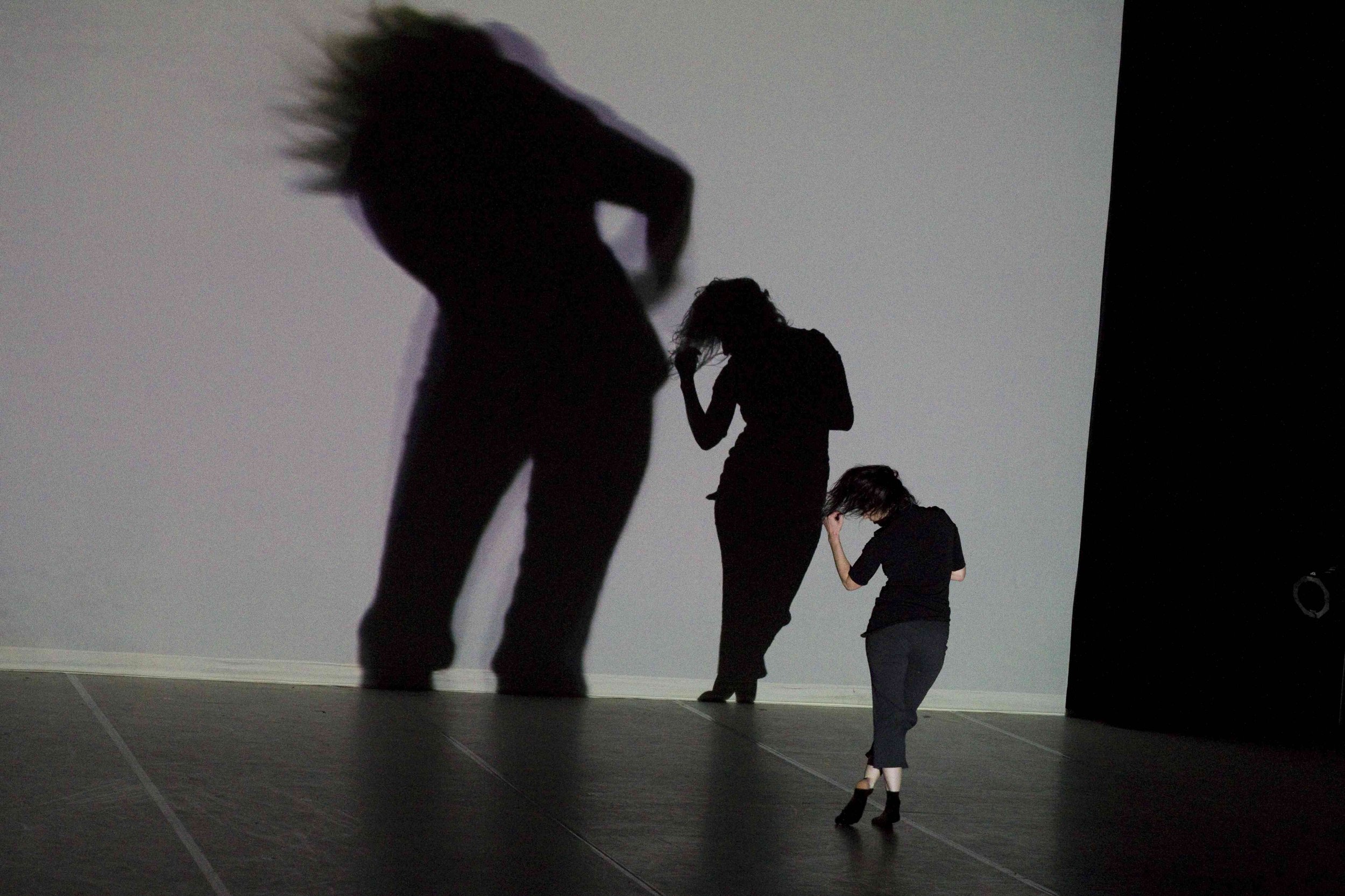 A dancer strikes a pose; their shadow and a larger shadow striking a different pose are on a scrim.