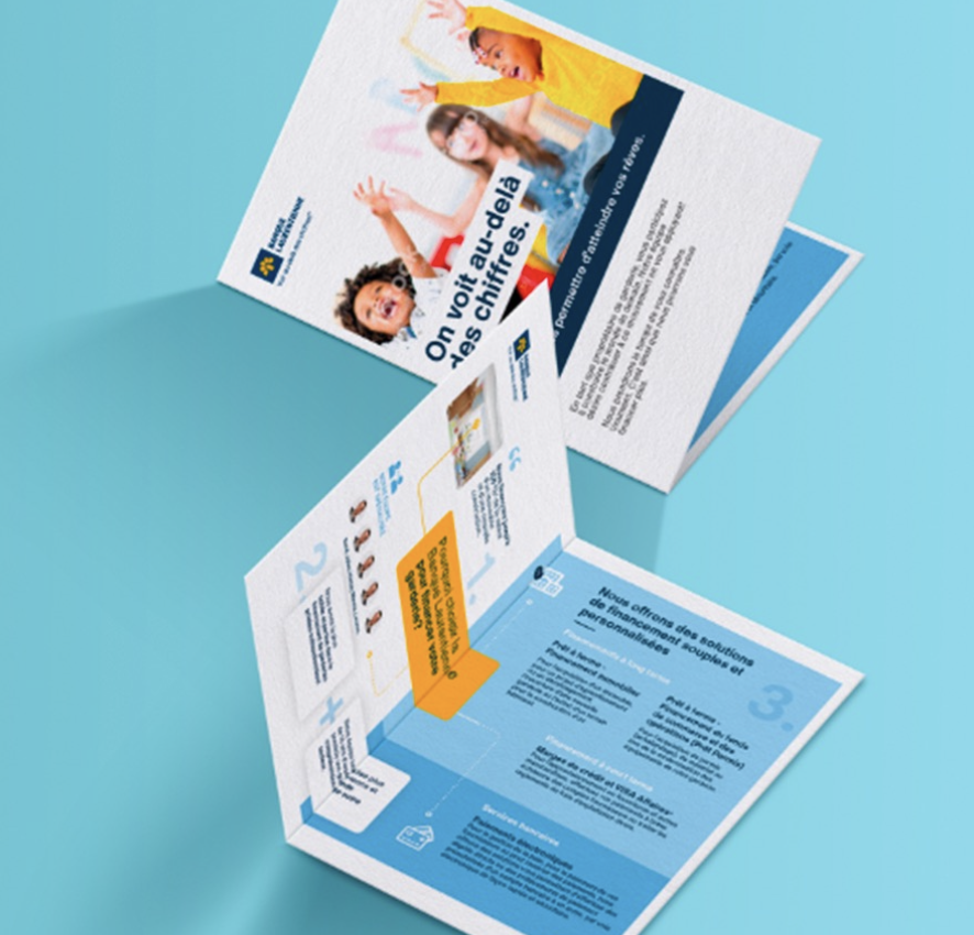Brochure de la Banque Laurentienne mettant en avant des solutions financières adaptées aux garderies, avec des images d'enfants souriants.