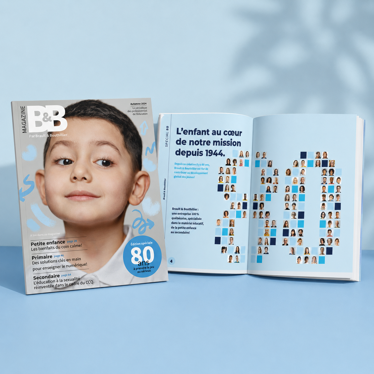 Une couverture de magazine pour enfants avec une photo d'un garçon. Une page ouverte présentant un texte sur la mission de l'entreprise Brault & Bouthillier depuis 1944, avec des photos de visages d'enfants formant des chiffres.