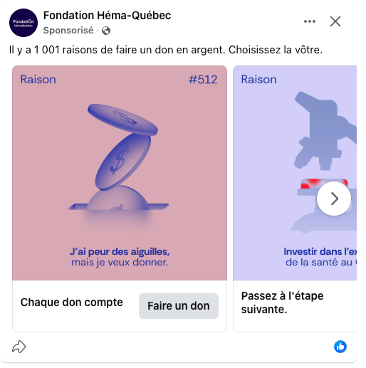 publicité Fondation Hema Quebec pour récolter des dons pour 1001 raisons