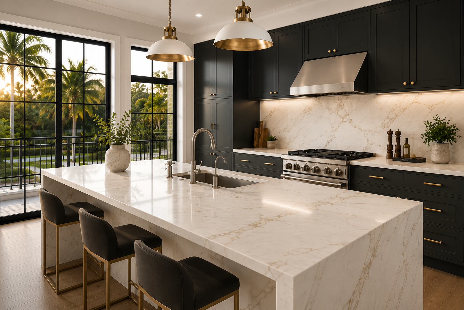 Modern kitchen with dark custom cabinets, large quartz waterfall island, full backsplash, premium countertops, and expert countertop installation in South Florida.