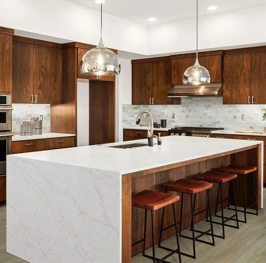 Quartz kitchen installed in Miami with waterfall