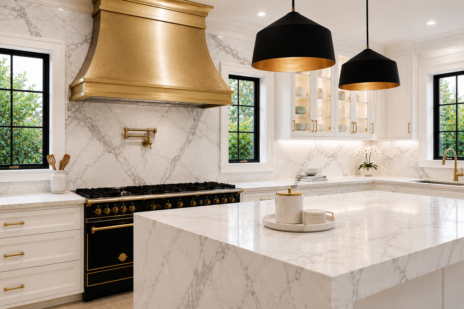Bright luxury kitchen featuring premium white marble countertops, a waterfall island, full-height marble backsplash, custom cabinetry, and professional countertop installation by One Way Granite in South Florida.