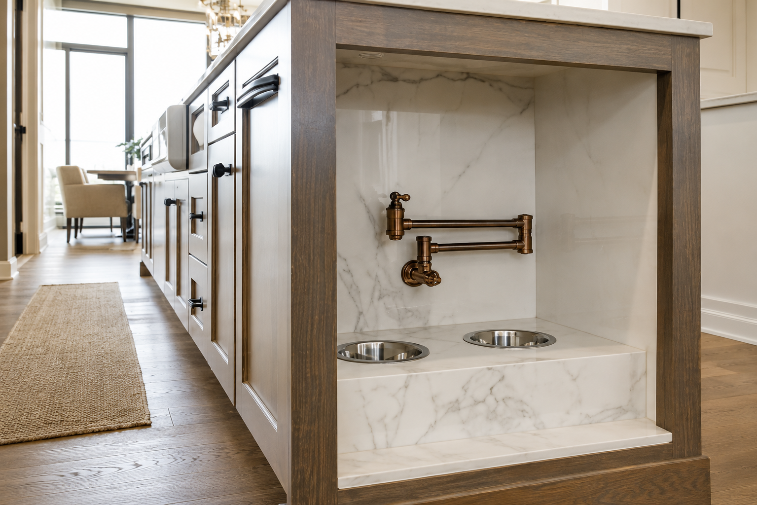 Luxury built-in pet feeding station crafted with marble countertops, integrated stainless bowls, custom cabinetry, and premium stone fabrication for modern homes.