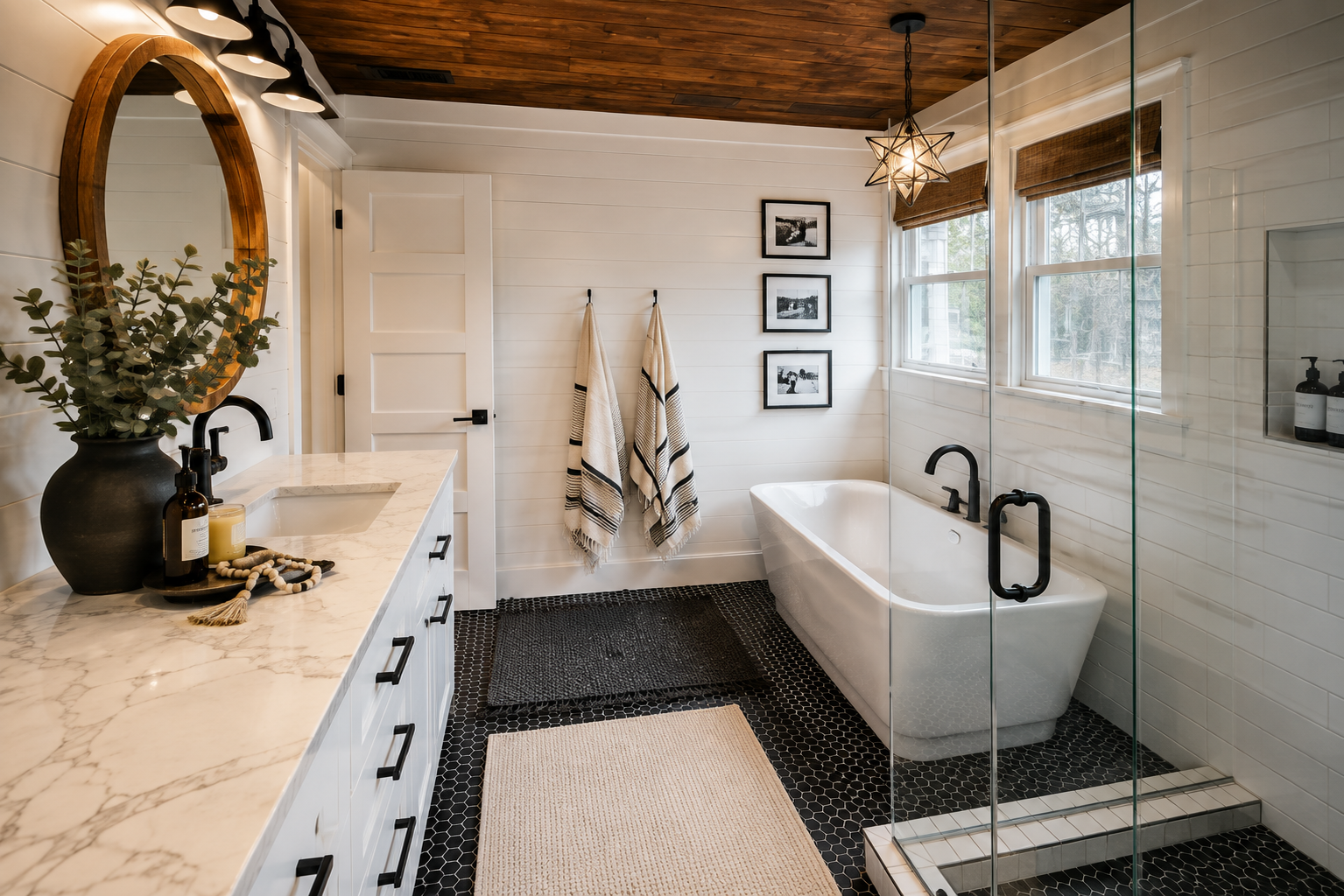 Elegant bathroom featuring marble vanity countertops, custom cabinetry, freestanding tub, and high-end stone surfaces installed by One Way Granite & Marble.