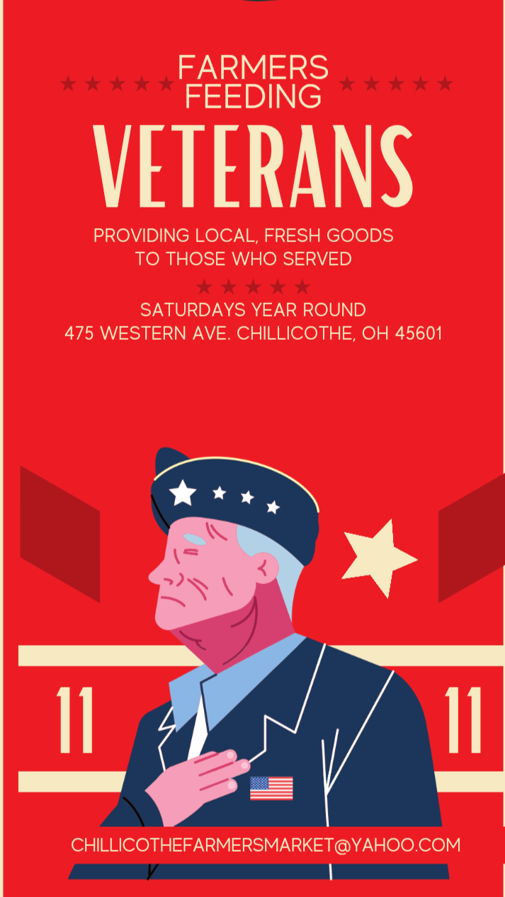 Red poster advertising a farmers feeding veterans event with a cartoon illustration of a veteran saluting, wearing a military uniform and hat with stars, American flag badge, and a red background with stars and geometric shapes.