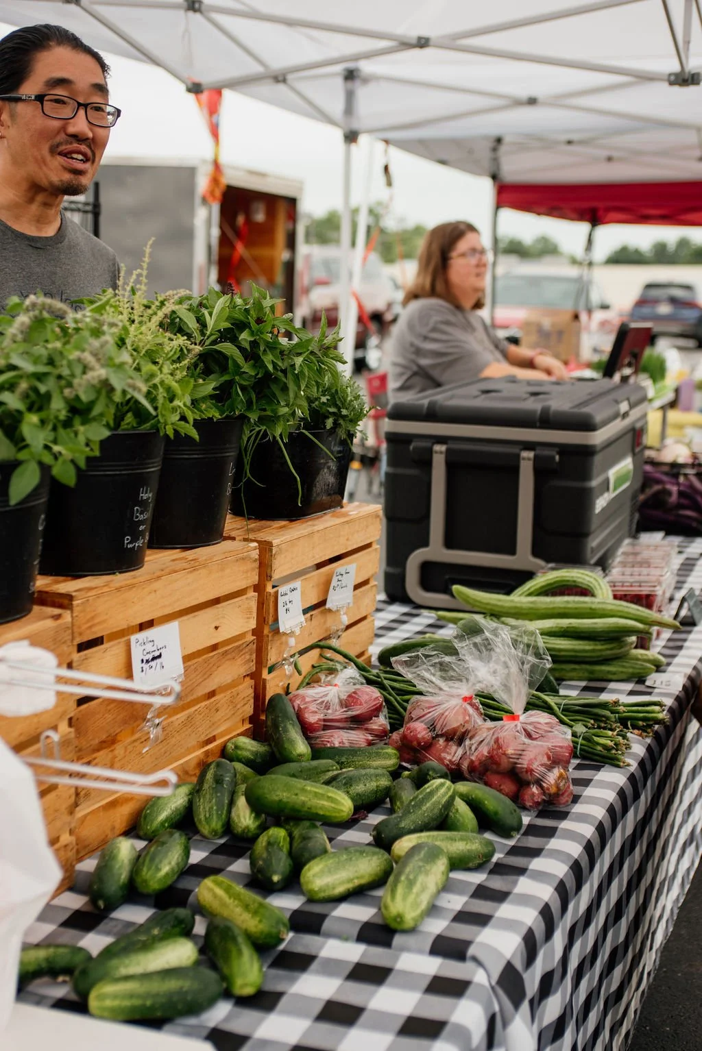 A farmer's market stall with fresh vegetables including cucumbers, onions in plastic bags, and green beans on a checkered tablecloth. Potted herbs are displayed on wooden crates, and two vendors are behind the stall under tents, one man and one woman