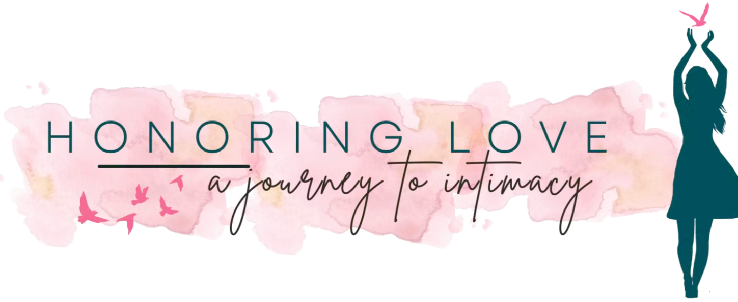 Pink watercolor background with text reading "Honoring Love, a journey to intimacy" and a silhouette of a woman with arms raised in a prayer pose on the right side, with pink birds flying around.