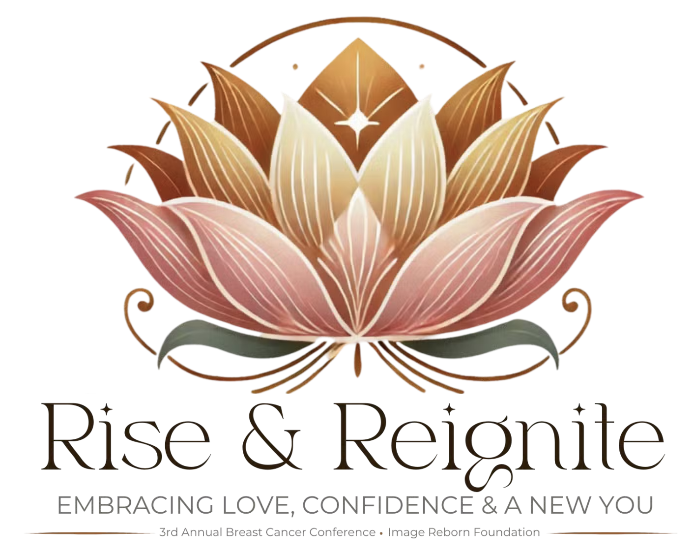 A stylized lotus flower in shades of pink, orange, and cream with a star-shaped sparkle at the top, above the text 'Rise & Reignite' and the tagline 'Embracing Love, Confidence & a New You', promoting a breast cancer conference.