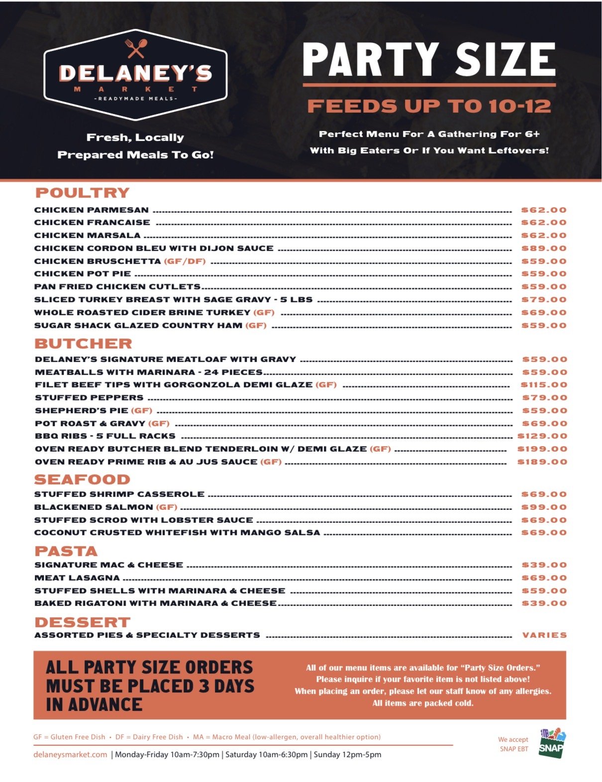 Fall/Winter 2026-2027 Party Menu