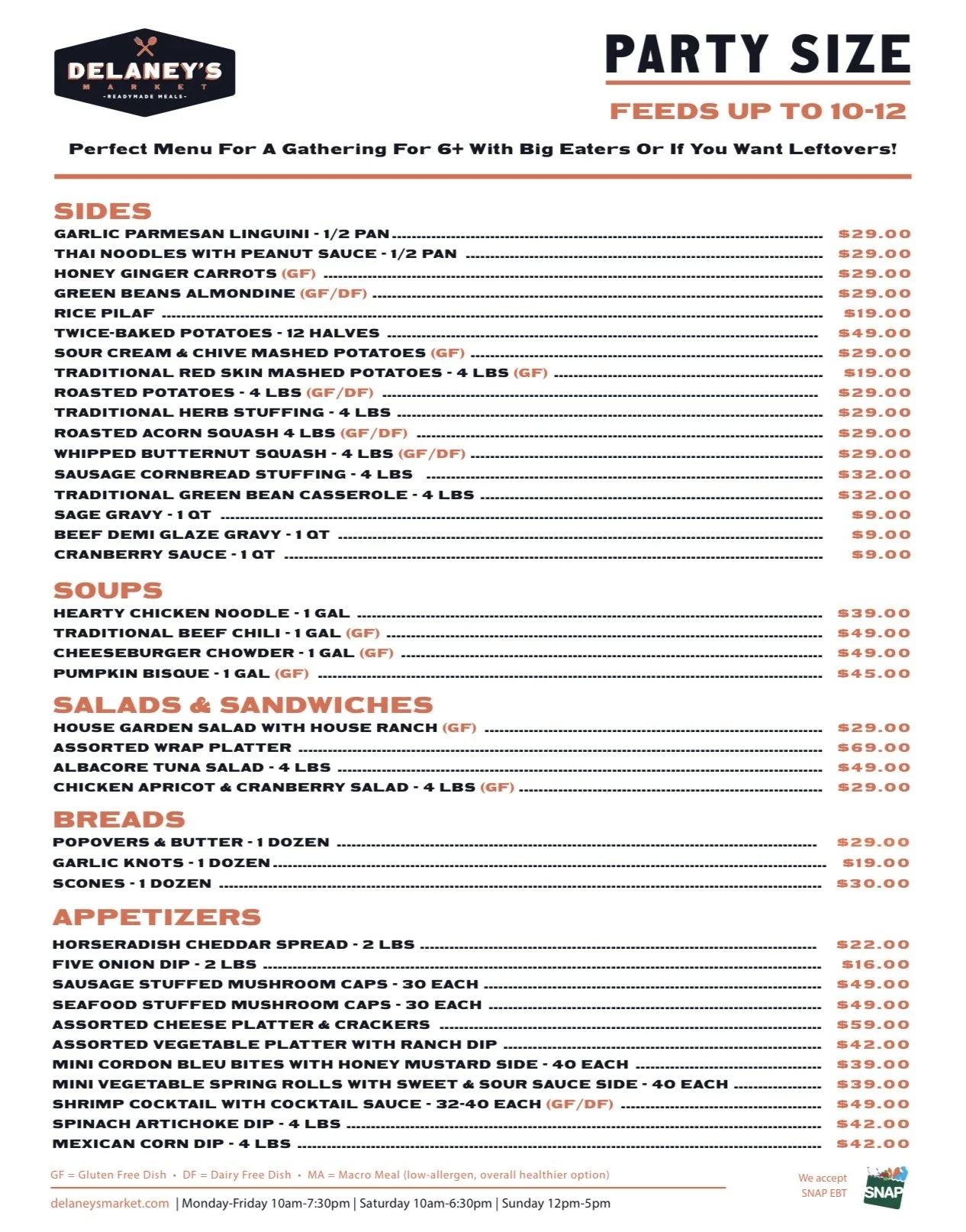 Fall/Winter 2026-2027 Party Menu