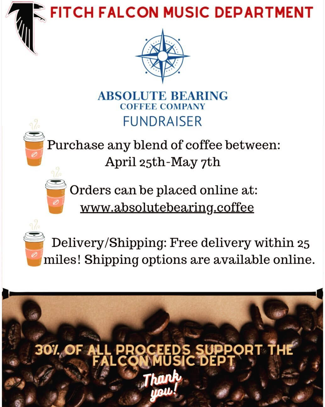 Thank you Absolute Bearing for your partnership and generosity! Beginning tomorrow through May 7th Falcon Music will receive 30% of all sales. Not a coffee drinker? Coffee also makes a great gift 🤗