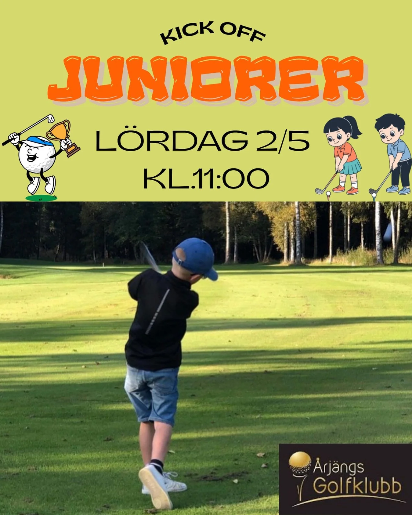 Vi v&auml;lkomnar alla juniorer p&aring; Kick Off p&aring; L&ouml;rdag 2/5, b&aring;de juniorer som har spelat f&ouml;rut och juniorer som &auml;r nyfikna p&aring; att b&ouml;rja spela golf. 
Vi samlas p&aring; rangen kl.11:00. Det blir lekar, vi mju