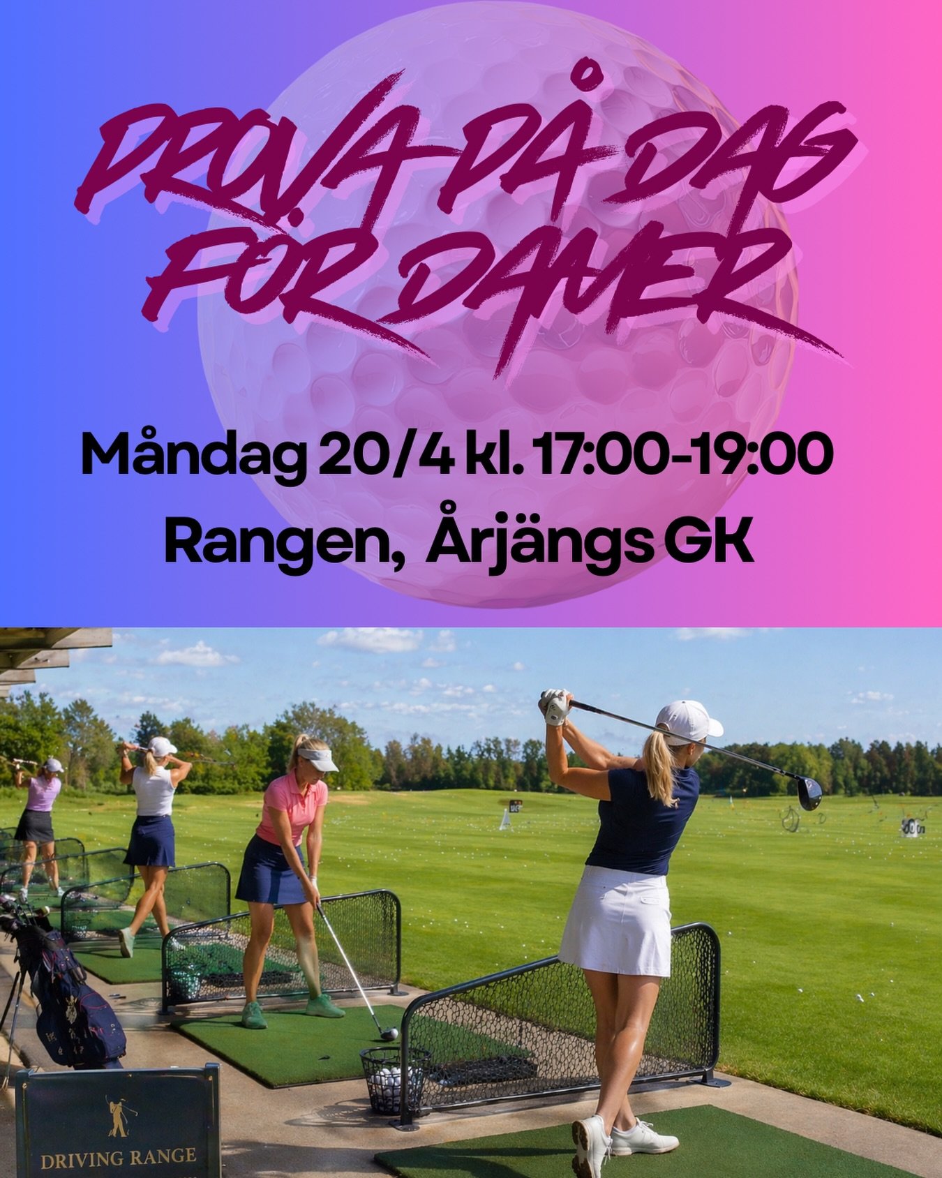 OBS! P&aring; grund av mindre lockande v&auml;derutsikter p&aring; s&ouml;ndag s&aring; flyttas Prova p&aring;-golfen f&ouml;r damer till m&aring;ndag 20/4 kl.17:00-19:00 ist&auml;llet! Sprid g&auml;rna infon!

#&aring;rj&auml;ngsgk #damgolf #provap&