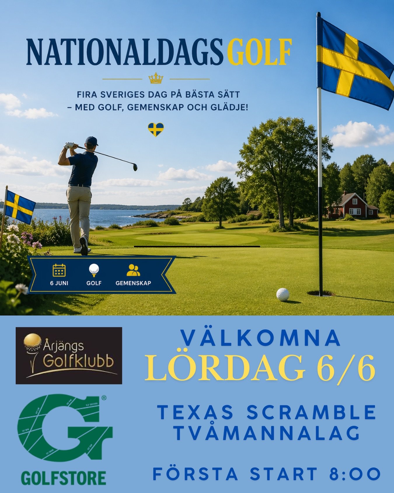 Fira nationaldagen hos oss p&aring; &Aring;rj&auml;ngs GK med att spela Golfstores Nationaldagsgolf!🌸
Spelformen &auml;r Texas Scramble f&ouml;r tv&aring;mannalag.

📅 L&ouml;rdag 6/6
⏱️ F&ouml;rsta start: 08:00. Start fr&aring;n tee 1 och 10
📝 Sis