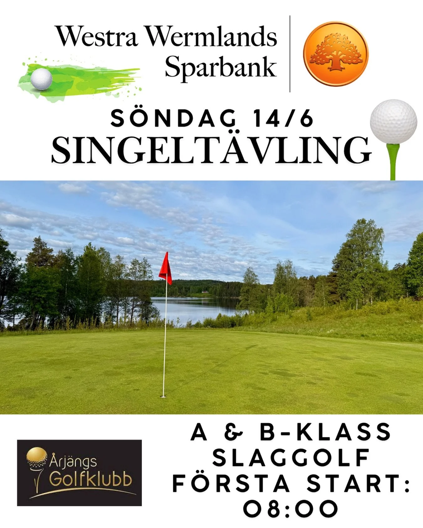 Snart &auml;r det dags f&ouml;r s&auml;songens f&ouml;rsta singelt&auml;vling p&aring; &Aring;rj&auml;ngs GK  i samarbete med en av v&aring;ra huvudsponsorer Westra Wermlands Sparbank. 🏌️&zwj;♀️⛳️

📅 S&ouml;ndag 14/6

⏰F&ouml;rsta start kl.08:00. U