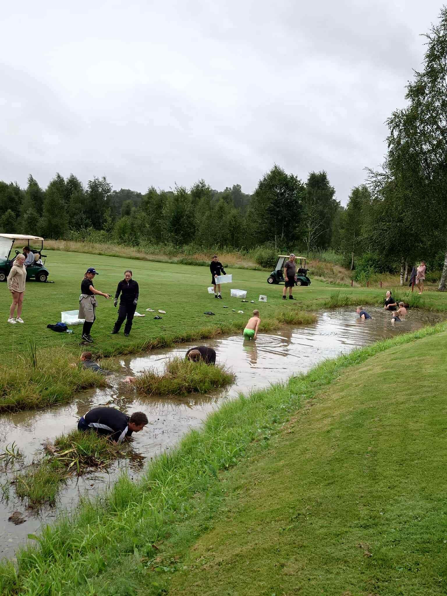Flera personer som badar och leker i en liten bäck på en gräsmatta, med golfbilar och träd i bakgrunden.