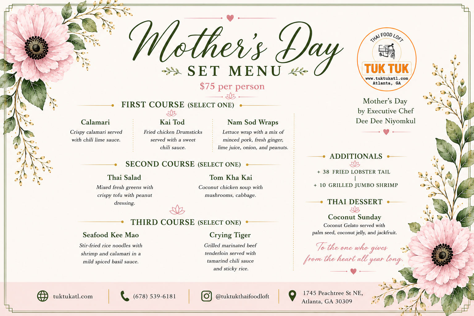 Tuk Tuk Mother's Day Menu