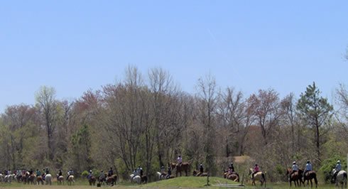 St. Jude's trail ride - many horses and riders in a line going over some hills