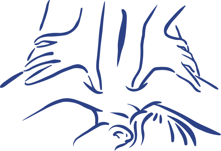 Outline of two hands touching against a black background.