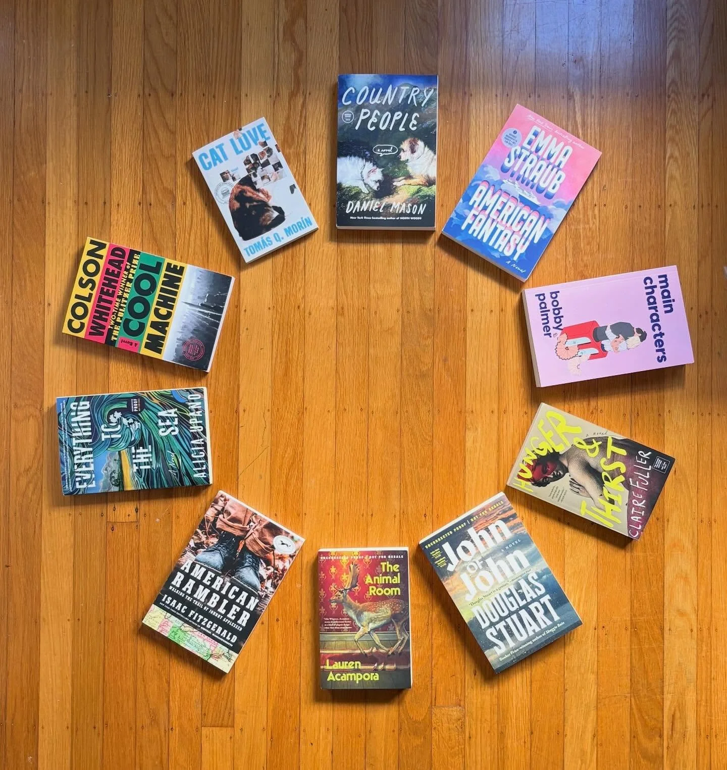 A February galley fan! It&rsquo;s been an excellent few weeks for book mail. Most of these come out in the second half of 2026. Are any of them on your list? 🌸
.
Clockwise from top:

COUNTRY PEOPLE by Daniel Mason
AMERICAN FANTASY by @emmastraub 
MA