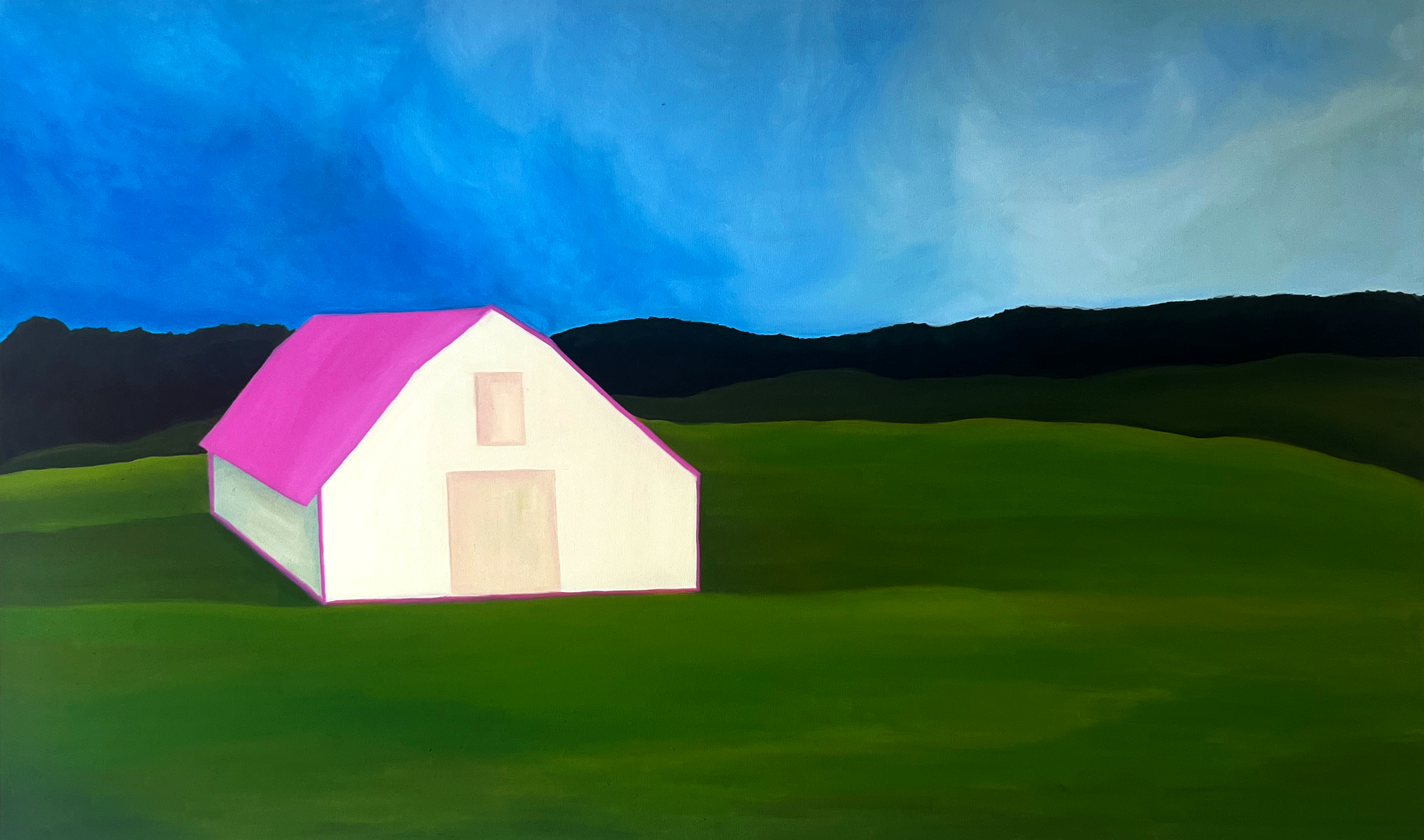 A painting of a house with a pink roof and white walls, set against mountains and a partly cloudy sky.