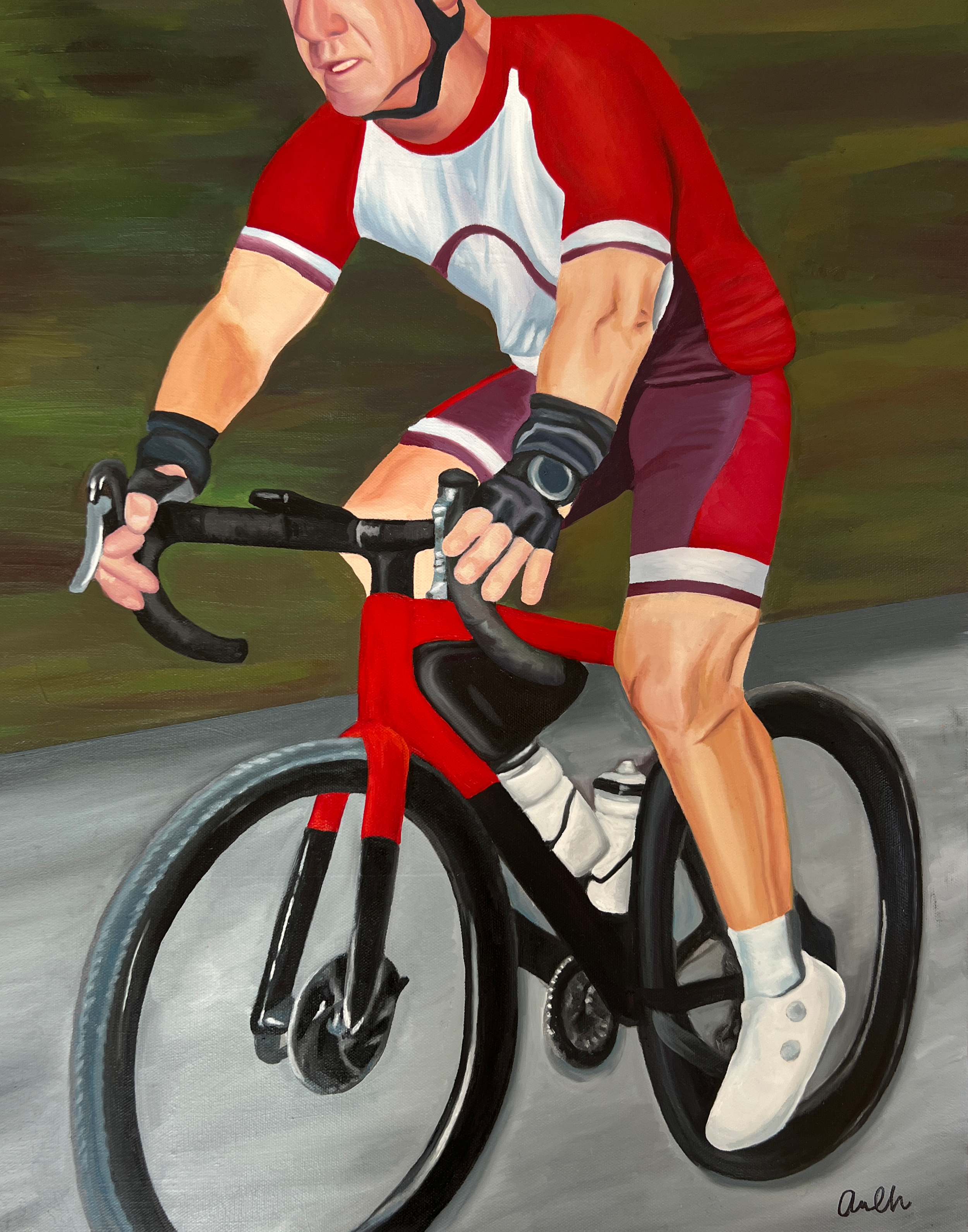 A painting of a cyclist wearing a red and white jersey, black gloves, and white shoes, riding a black bicycle on a paved path with green grass in the background.