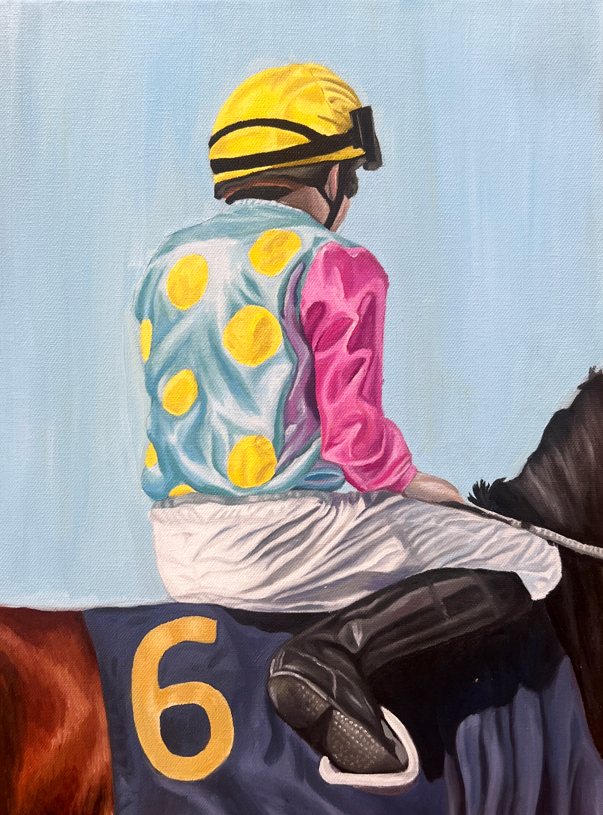 Painting of a horse jockey wearing a yellow helmet with a black strap, a polka dot jacket, riding a race horse with a blue number plate featuring yellow numbers.