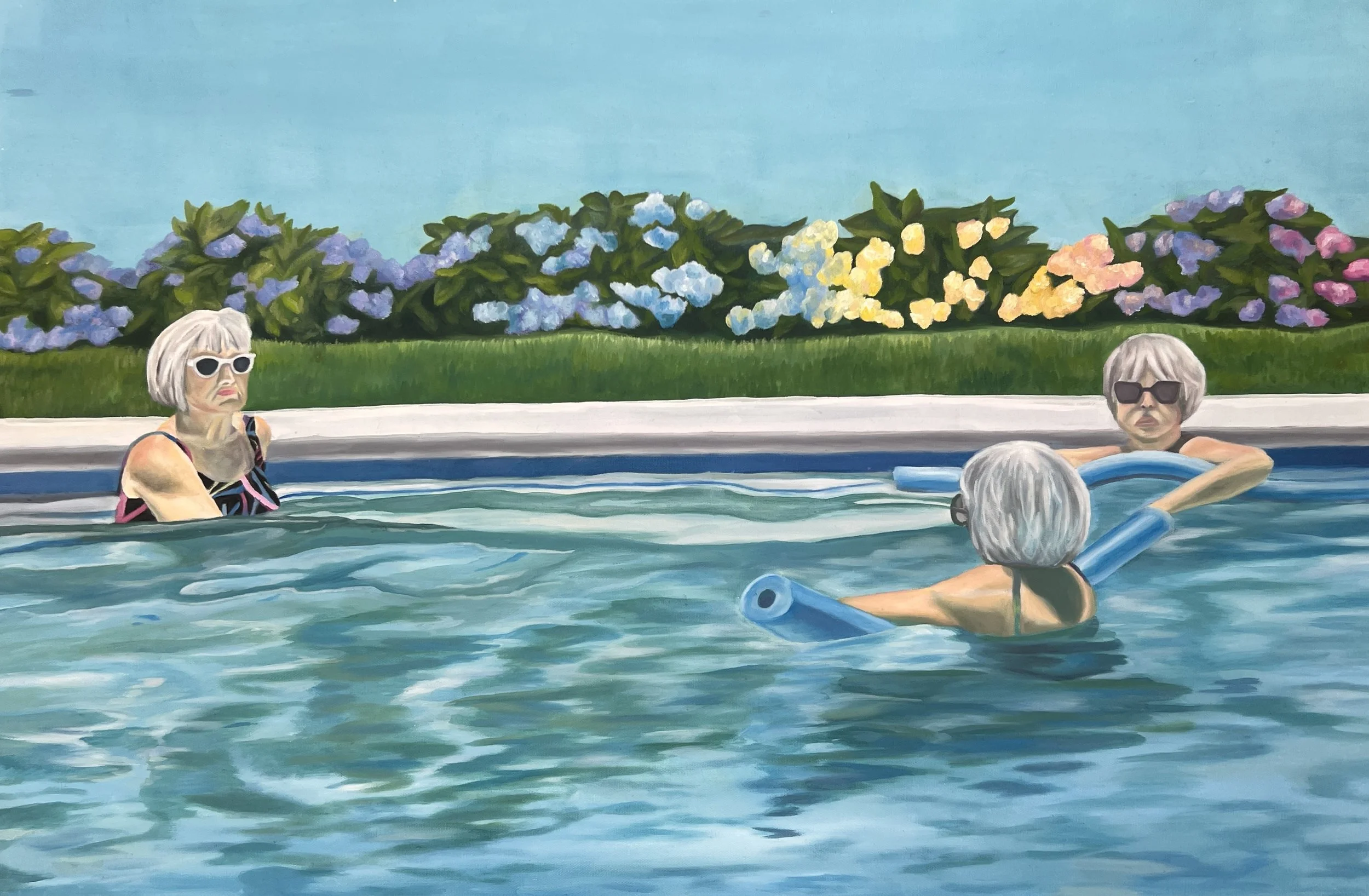 A painting of three elderly women with gray hair wearing sunglasses enjoying a swimming pool on a sunny day, with a background of colorful hydrangea flowers and a bright blue sky.