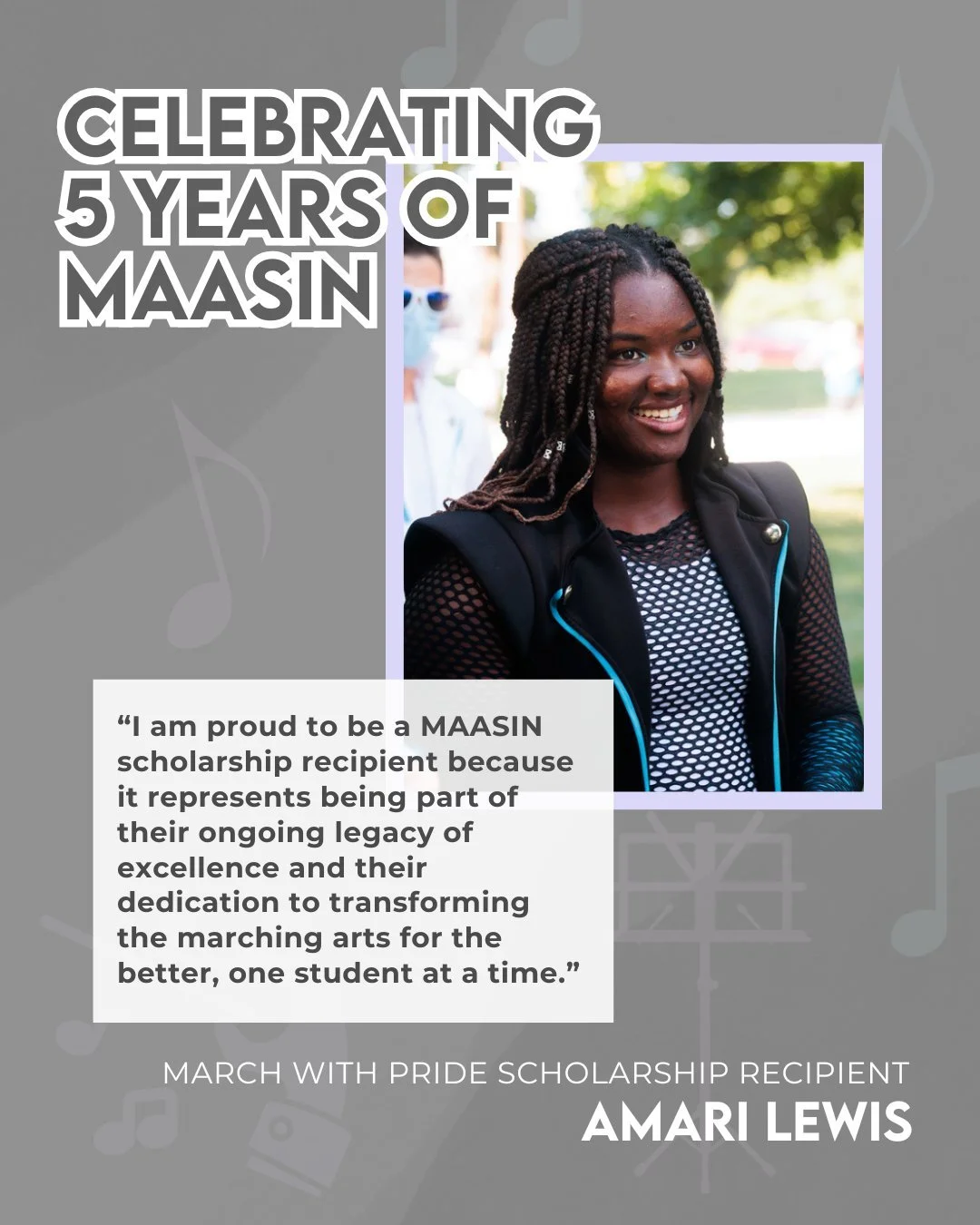 This year, MAASIN celebrates 5 years of advocacy, community, and change in the marching arts! 🎉
We’re especially proud of the members who embody this mission, like our March With Pride recipients. Amari Lewis reminds us that our work goes be
