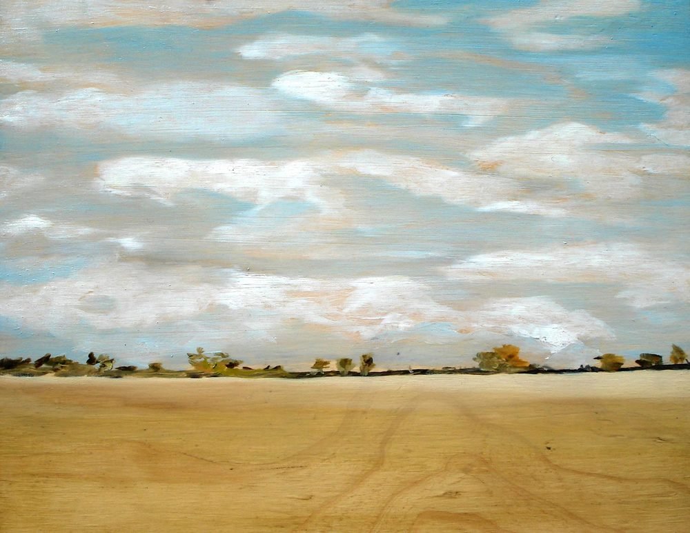 Title: "What I remember from the drive to Cohuna was the long, straight, flat plains and roads. And the mirages. "
Medium: Oil on plywood
Size: 35 x 45cm