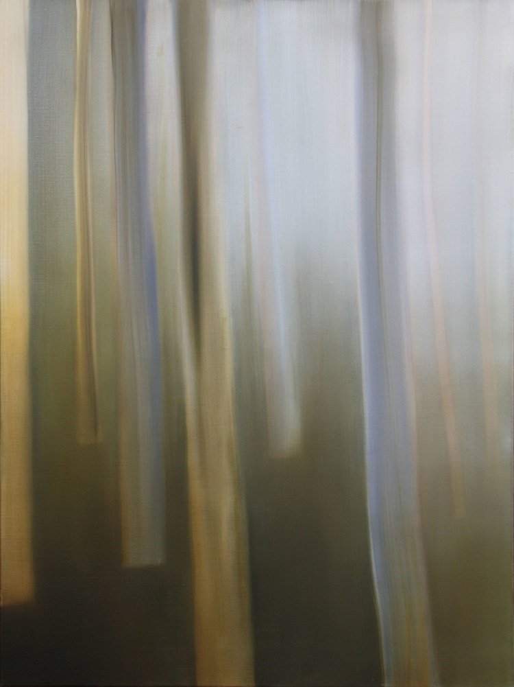 Title: "Wasps take detours through the house. I'm amazed at their sense of direction and skillful maneuvering through the small bathroom window."
Medium: Oil on linen.
Size: 122 x 91 cm